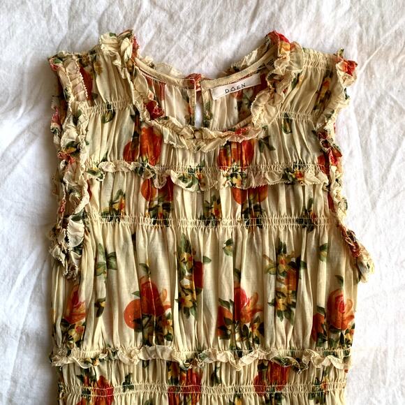 Doen Martha Shirred Ruffle Cotton Sleeveless Mini Dress Orangerie Floral - Picture 9 of 14
